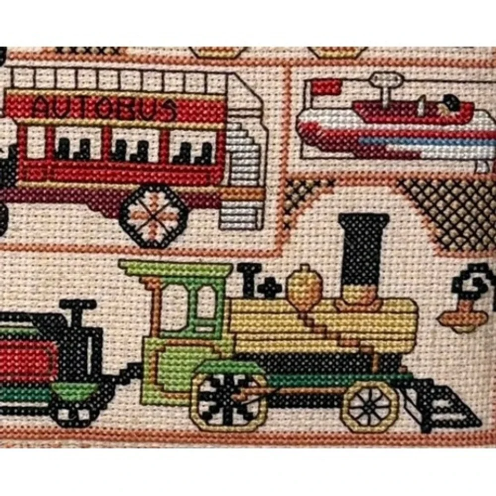 Vintage Old Time Toys Needlepoint Framed Sampler Train Plane Car Wall Art 11x9